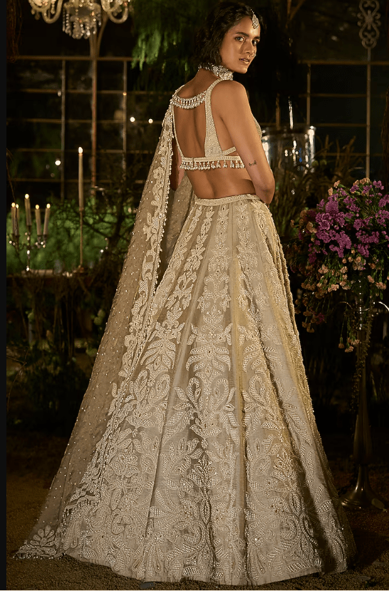Champagne Tissue Silk Zardosi Embroidered Lehenga Set - Image 2