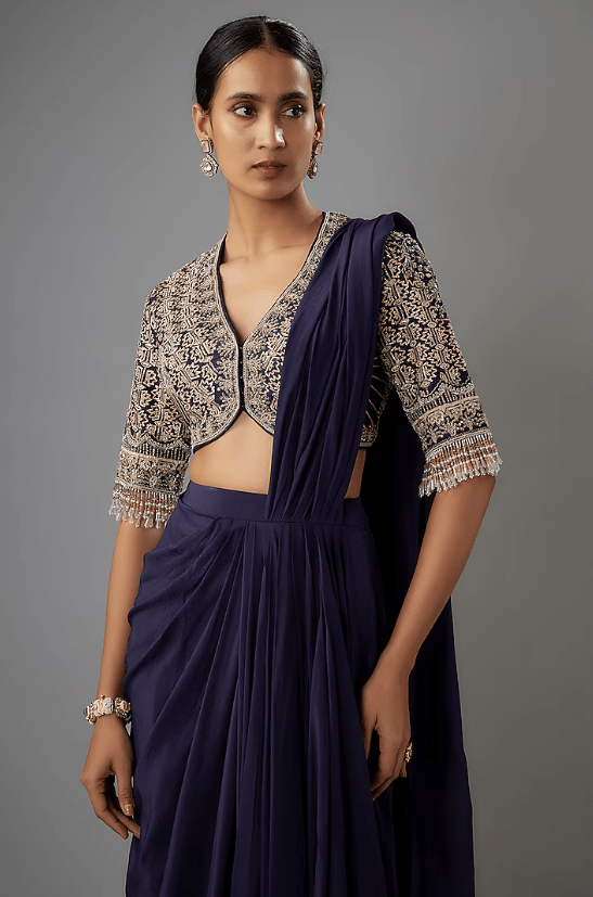 Purple Crepe Pre-Draped Saree Set - Image 2