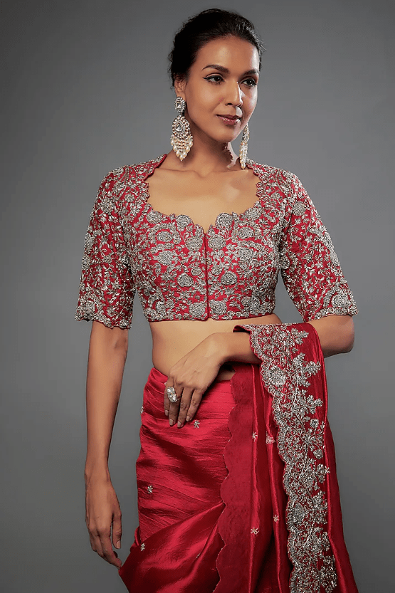 Red Silk Zari Embroidered Saree Set - Image 3