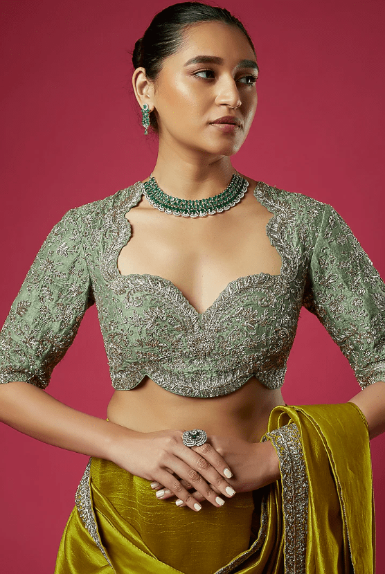 Mustard Silk Zardosi Embroidered Saree Set - Image 3