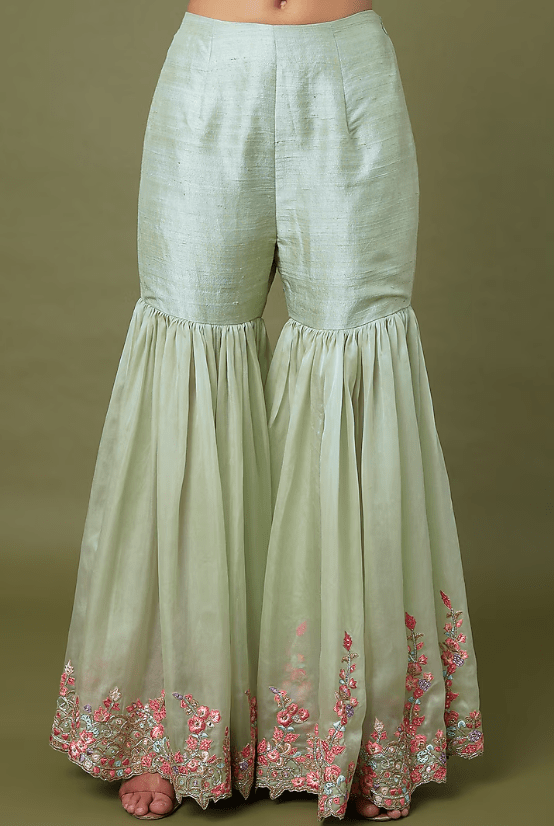 Mint Green Raw Silk & Organza Floral Embroidered Gharara Set - Image 3
