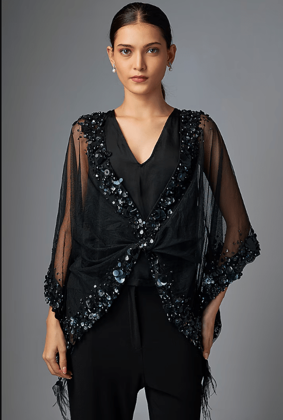 Black Net Sequins Embroidered Kaftan Top - Image 3