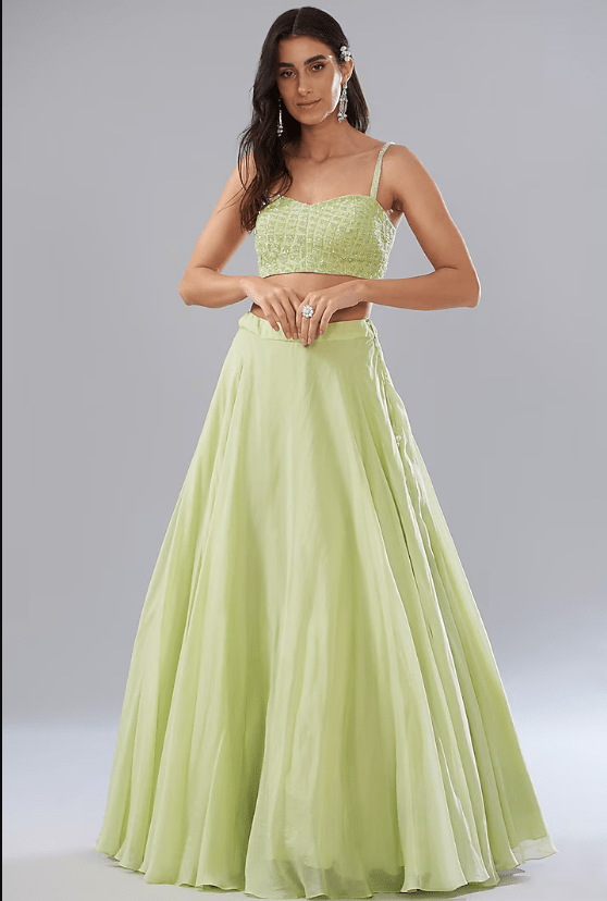 Green Chanderi & Organza Embroidered Jacket Set - Image 3