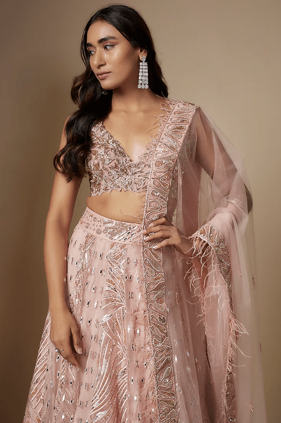 Rose Gold Tulle Hand Embroidered Lehenga Set - Image 4