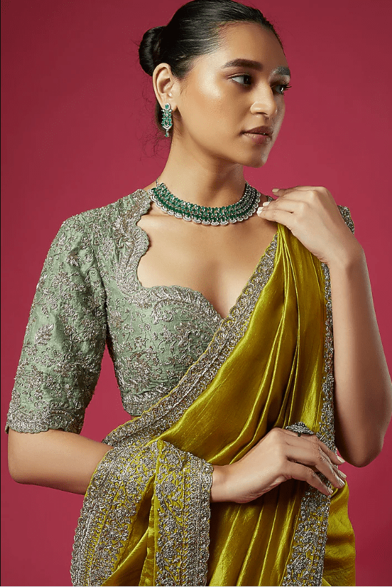 Mustard Silk Zardosi Embroidered Saree Set - Image 4