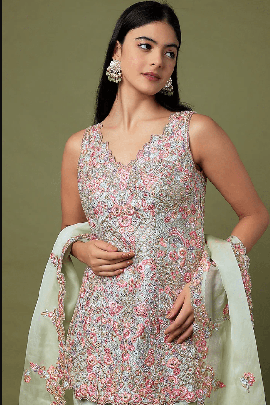 Mint Green Raw Silk & Organza Floral Embroidered Gharara Set - Image 4