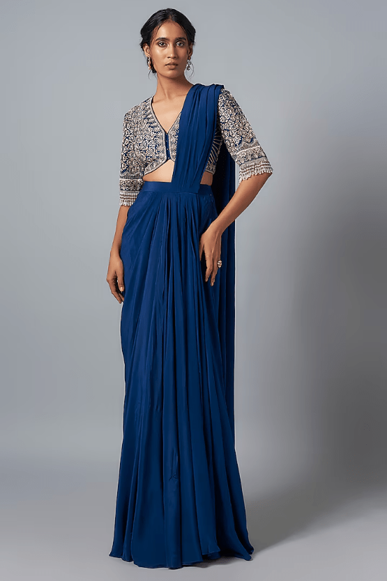 Blue Crepe Pre-Draped Saree Set