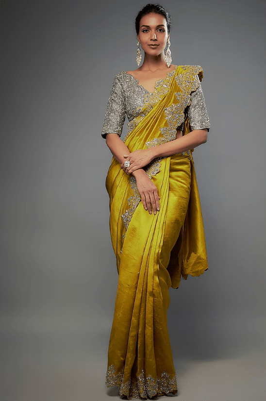 Mustard Silk Zari Embroidered Saree Set