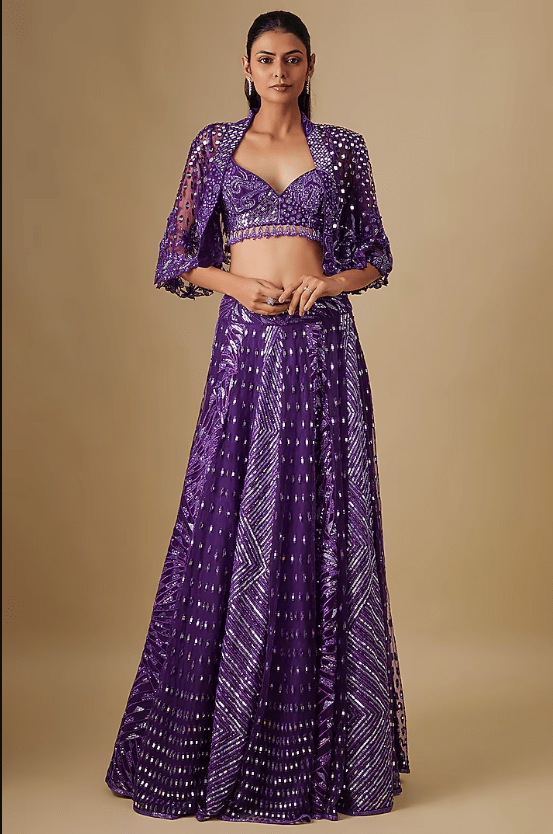 Purple Satin Organza Hand & Machine Embroidered Jacket Lehenga Set