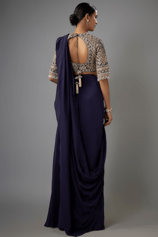 Purple Crepe Pre-Draped Saree Set - Image 4
