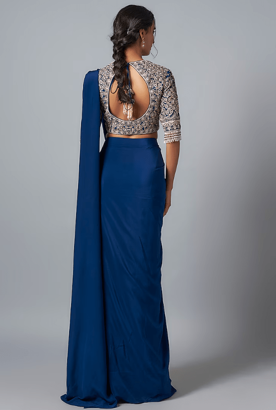 Blue Crepe Pre-Draped Saree Set - Image 2