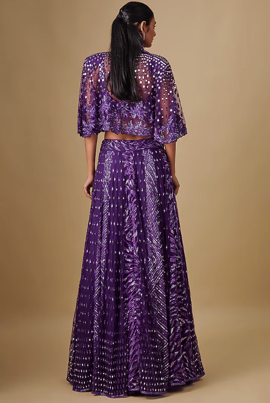 Purple Satin Organza Hand & Machine Embroidered Jacket Lehenga Set - Image 2