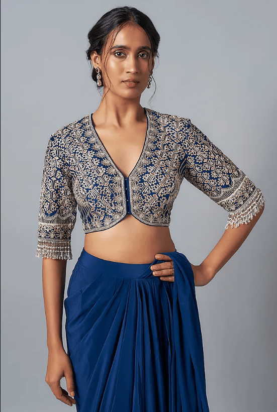 Blue Crepe Pre-Draped Saree Set - Image 3