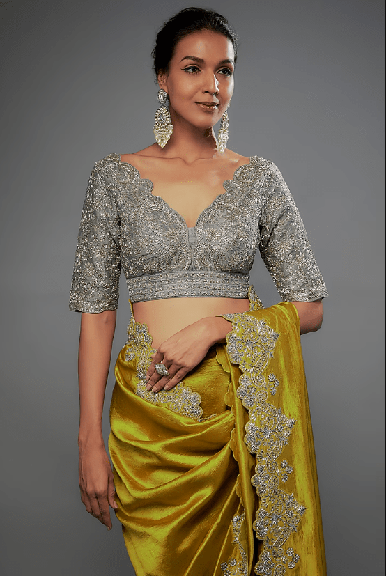 Mustard Silk Zari Embroidered Saree Set - Image 3