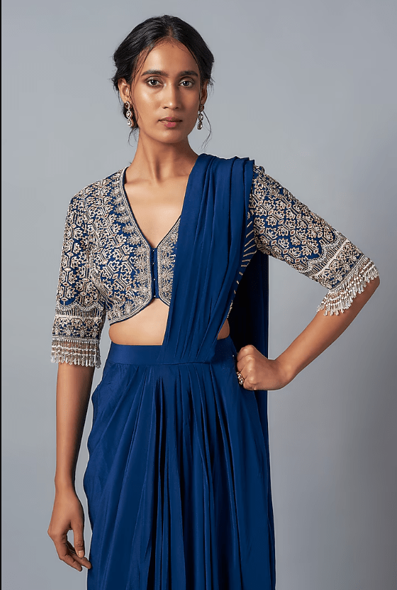 Blue Crepe Pre-Draped Saree Set - Image 4