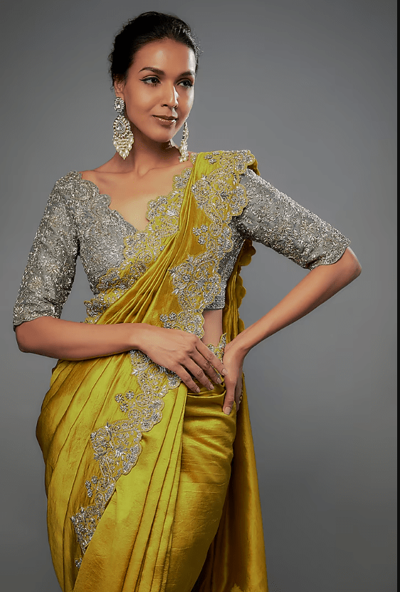 Mustard Silk Zari Embroidered Saree Set - Image 4