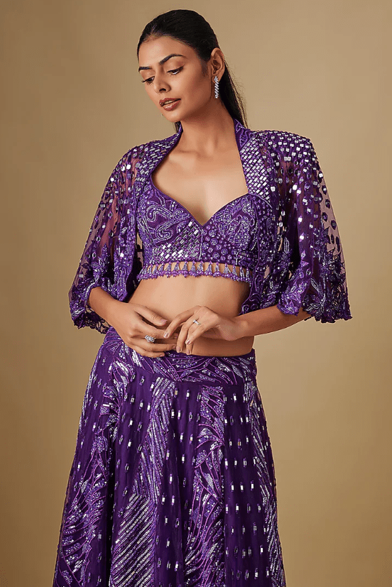 Purple Satin Organza Hand & Machine Embroidered Jacket Lehenga Set - Image 4