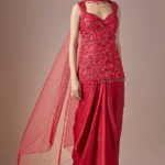 Red Satin Draped Skirt Set