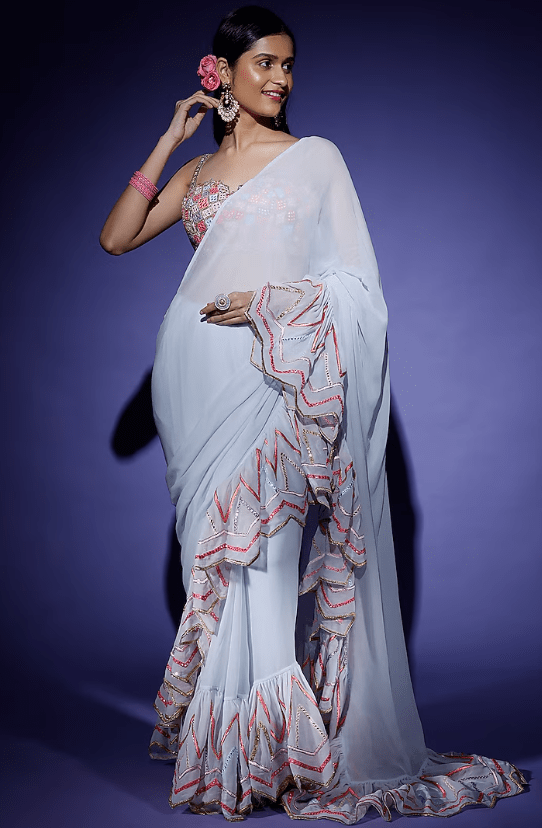 Ice Blue Georgette Ruffled Saree Set