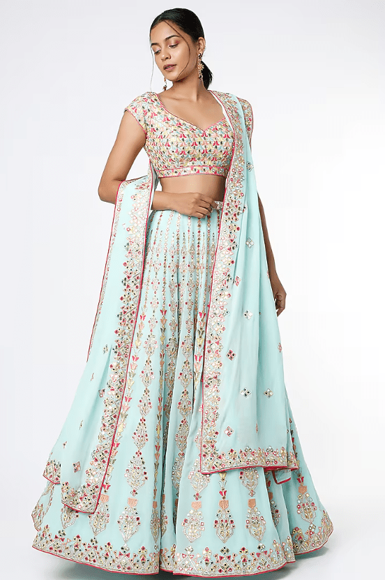 Powder Blue Mirror Embroidered Lehenga Set