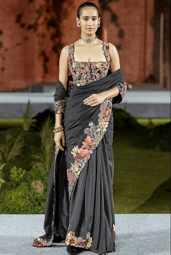 Black Silk Floral Embroidered Saree Set