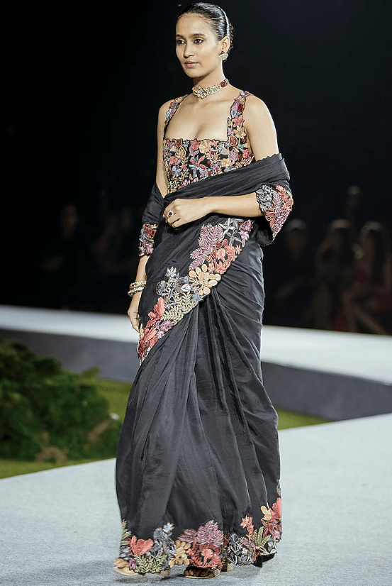 Black Silk Floral Embroidered Saree Set - Image 2