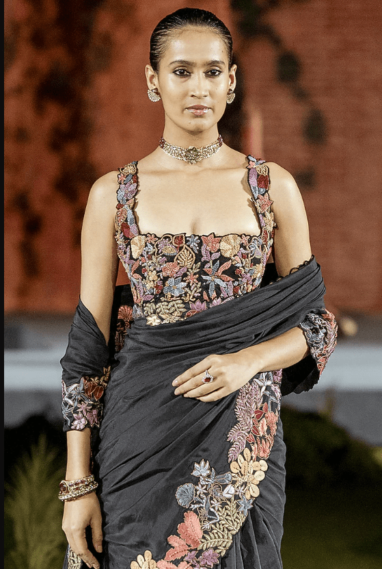 Black Silk Floral Embroidered Saree Set - Image 3