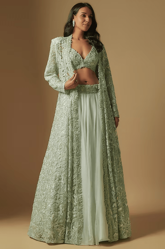 Mint Satin Organza Hand Embroidered Jacket Set