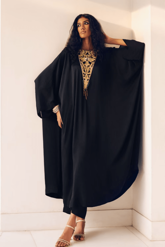 Black Modal Silk Iroosi Zardozi Kaftan Set