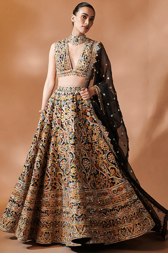 Black Chanderi Gota Embroidered Lehenga Set
