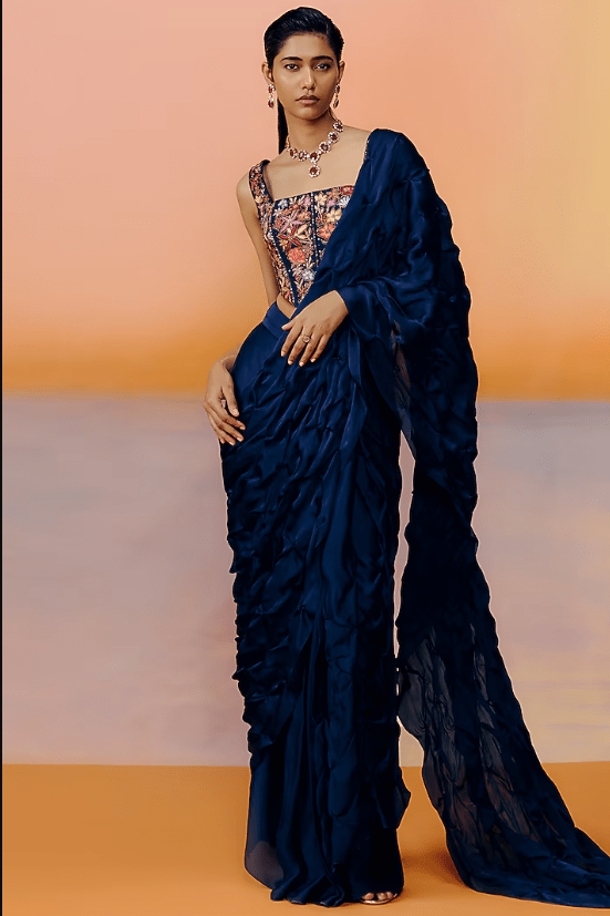 Navy Blue Organza Saree Set