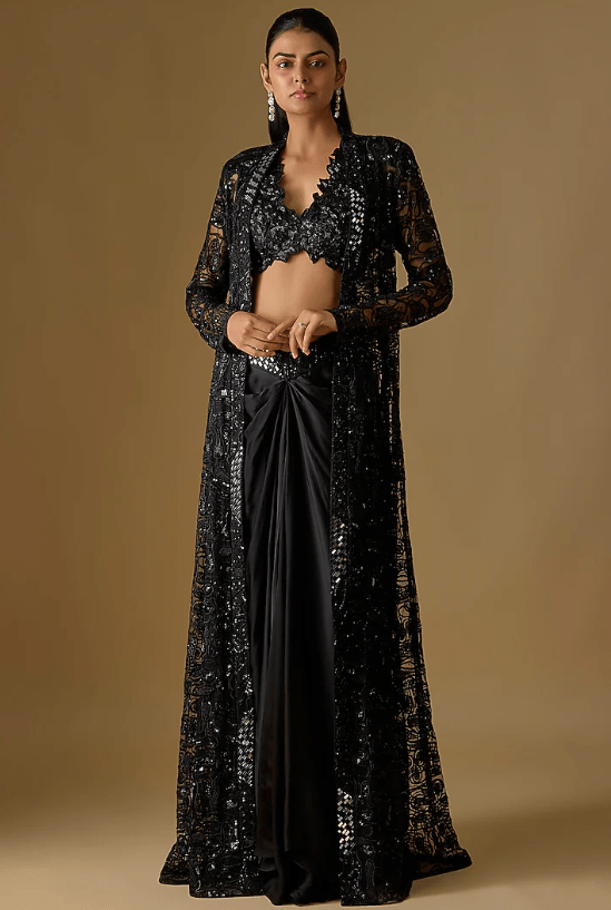 Black Tulle Hand & Machine Embroidered Jacket Set