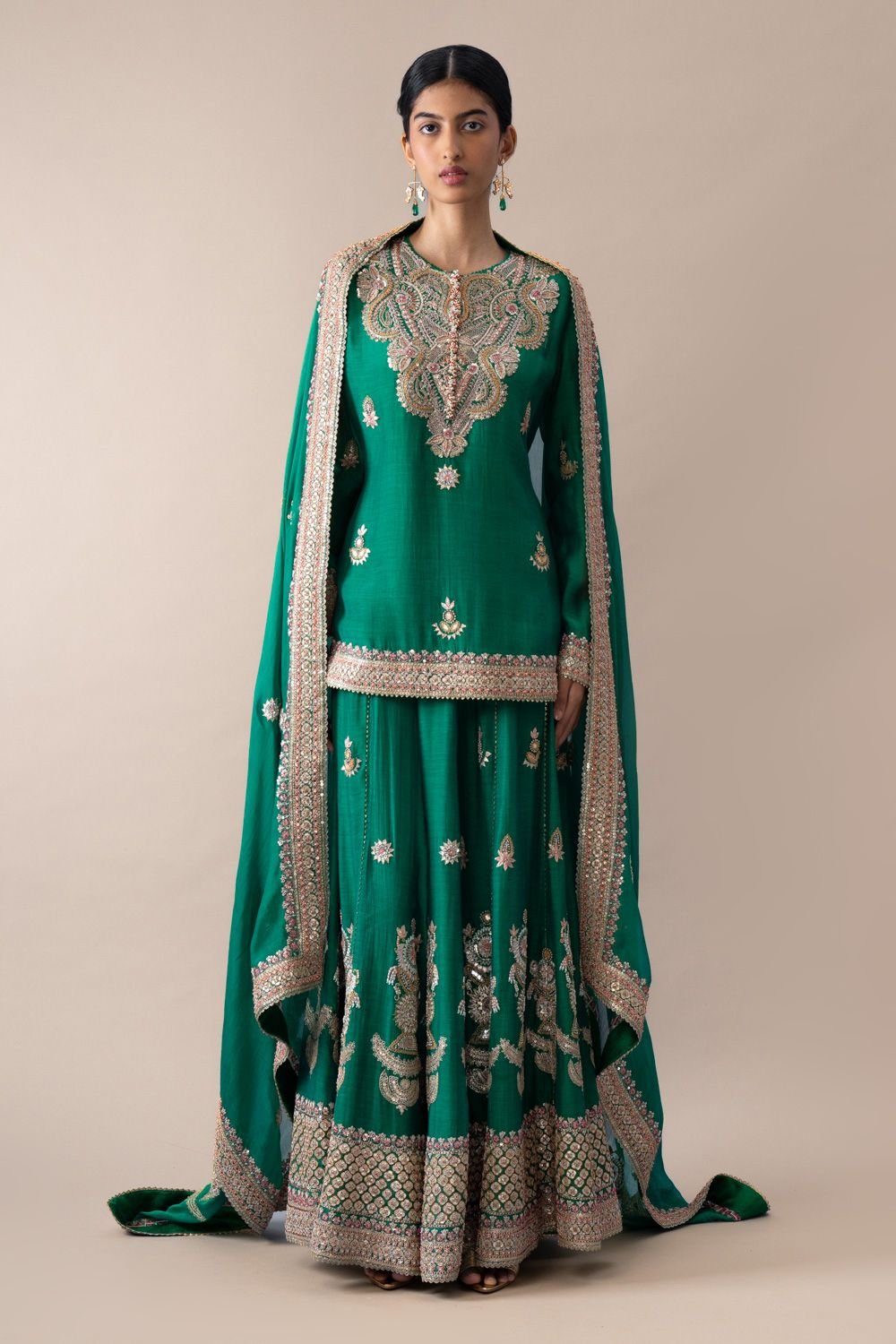 Green Silk Zari-Work Sharara Set