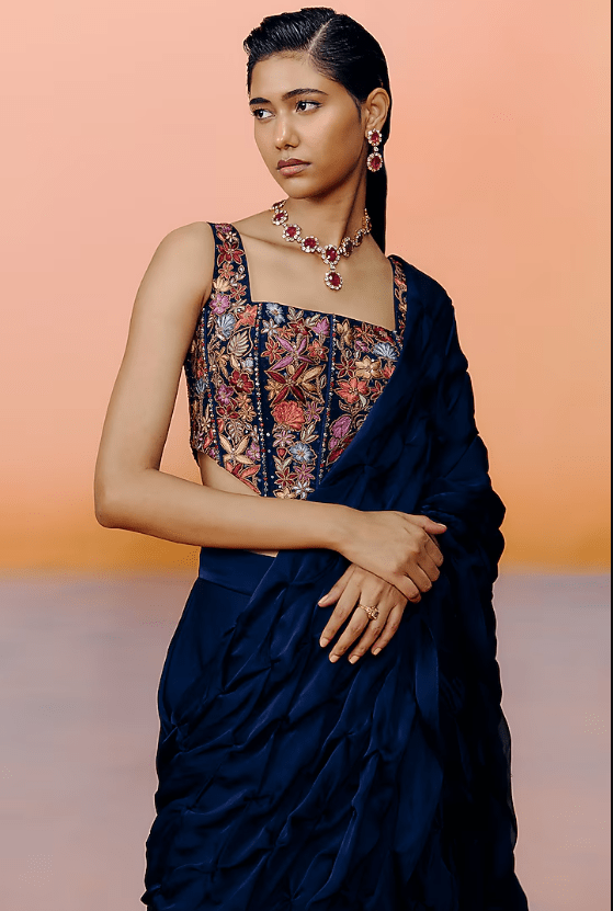 Navy Blue Organza Saree Set - Image 2