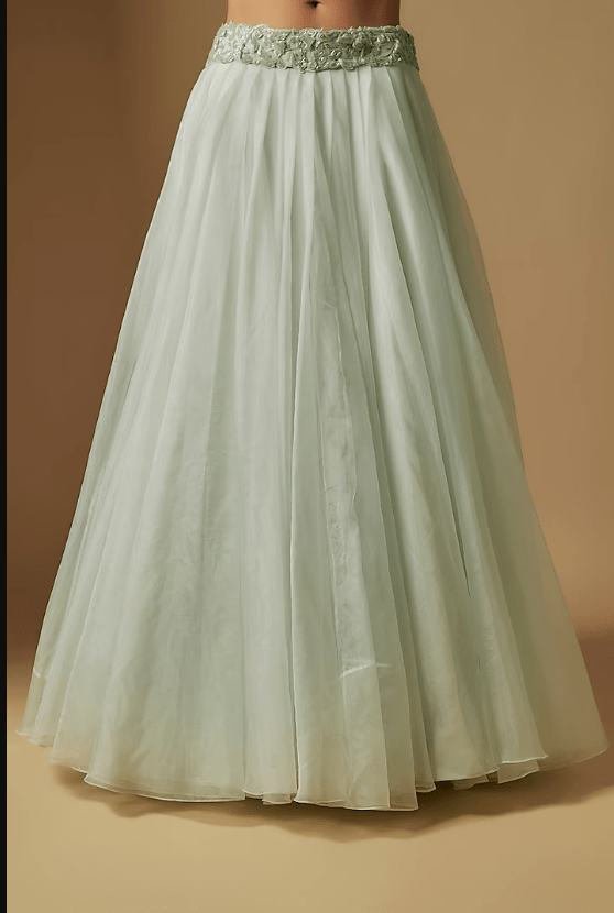 Mint Satin Organza Hand Embroidered Jacket Set - Image 3