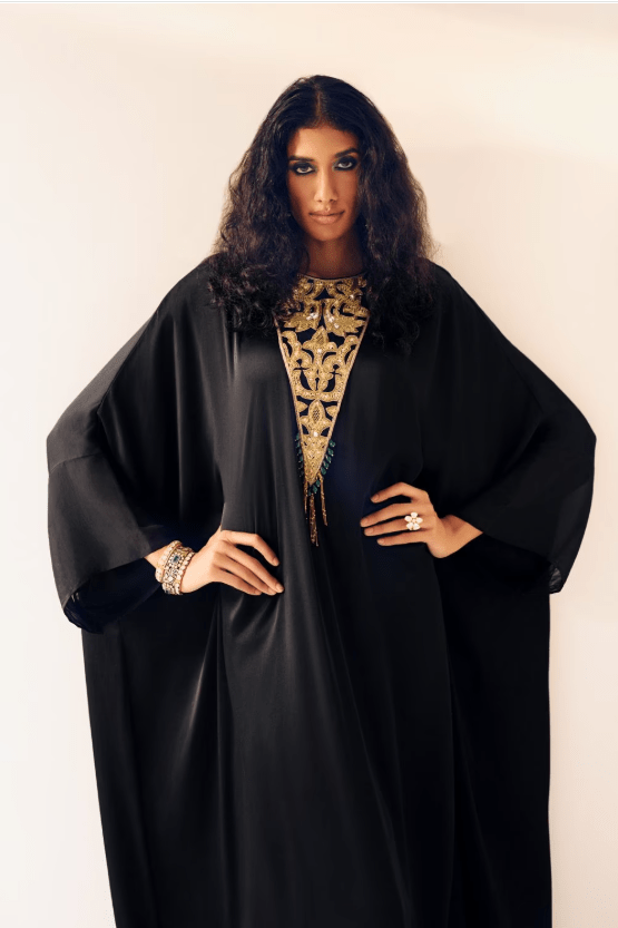Black Modal Silk Iroosi Zardozi Kaftan Set - Image 3