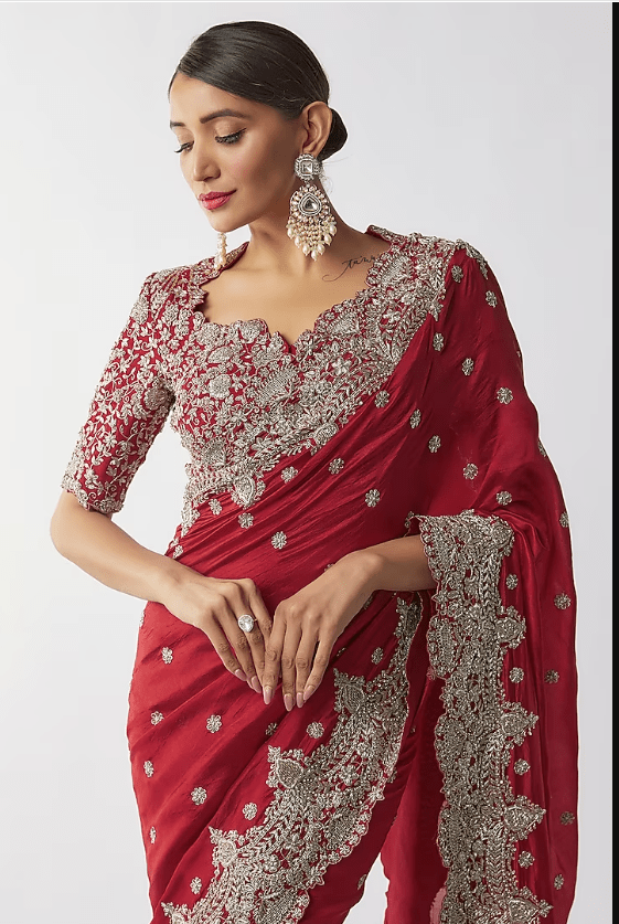 Red Silk Zari Embroidered Saree Set - Image 3