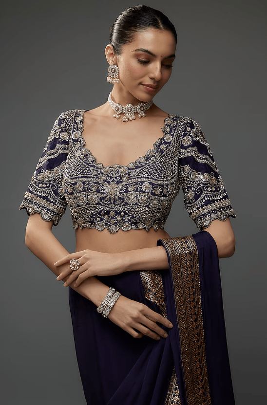 Purple Silk Zari Embroidered Saree Set - Image 3