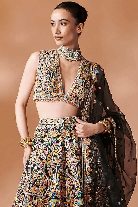 Black Chanderi Gota Embroidered Lehenga Set - Image 3