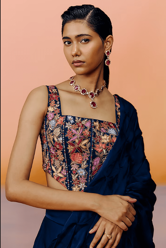 Navy Blue Organza Saree Set - Image 3