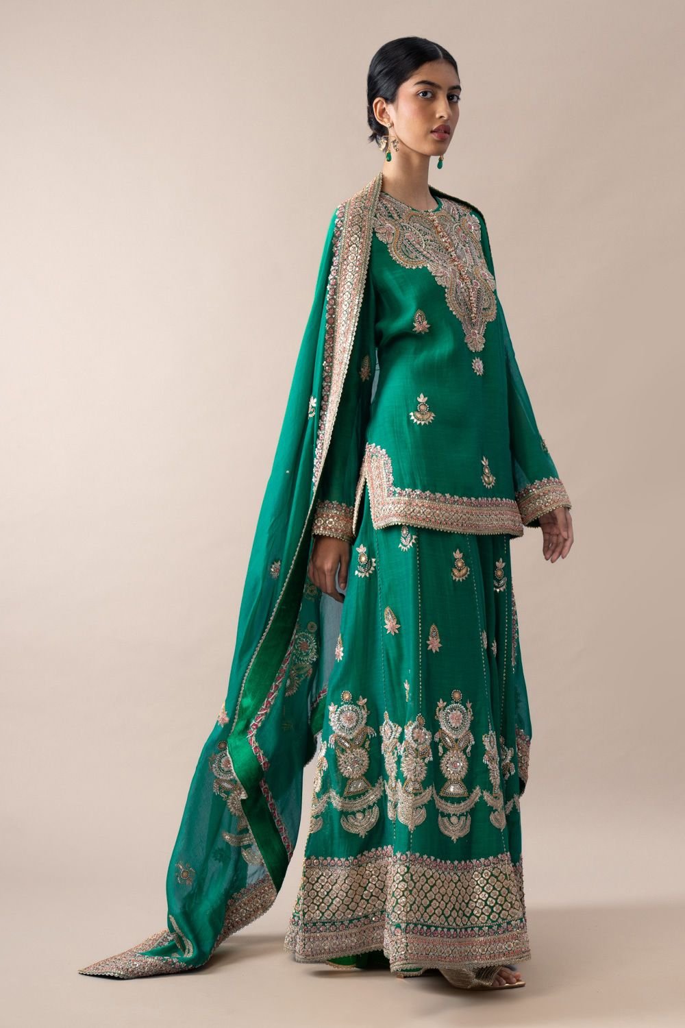 Green Silk Zari-Work Sharara Set - Image 3