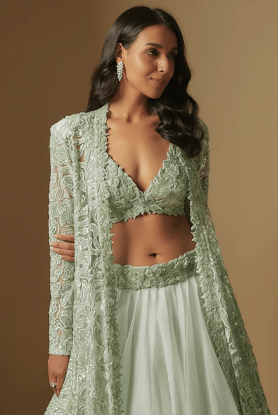 Mint Satin Organza Hand Embroidered Jacket Set - Image 4