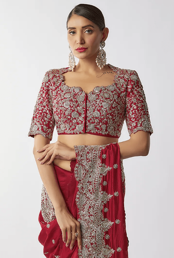 Red Silk Zari Embroidered Saree Set - Image 4