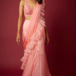 Baby Pink Chiffon & Organza Ruffled Saree Set