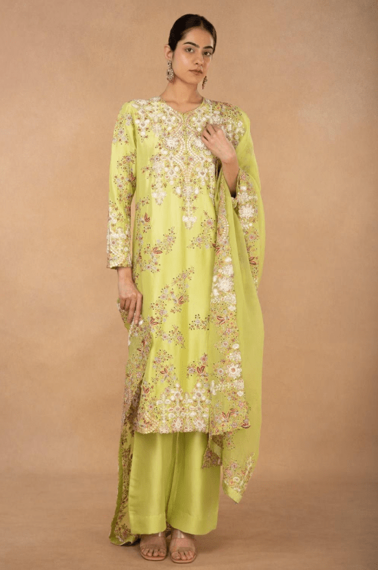 Lime green floral embellished kurta set