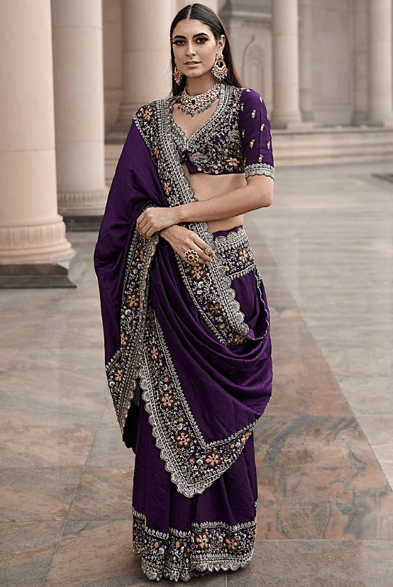 Purple Embroidered Saree Set
