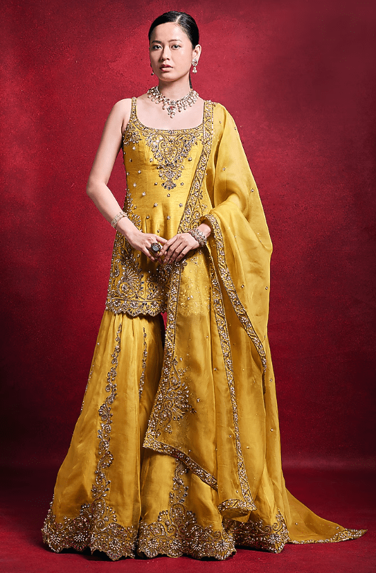 Mustard Organza & Raw Silk Zari Embroidered Gharara Set