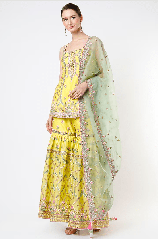 Lemon Yellow Chanderi Resham Embroidered Gharara Set