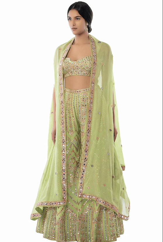 Green Embroidered Sharara Set With Cape