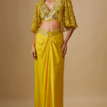 Yellow Satin Organza Mirror Hand & Machine Embroidered Cape Set